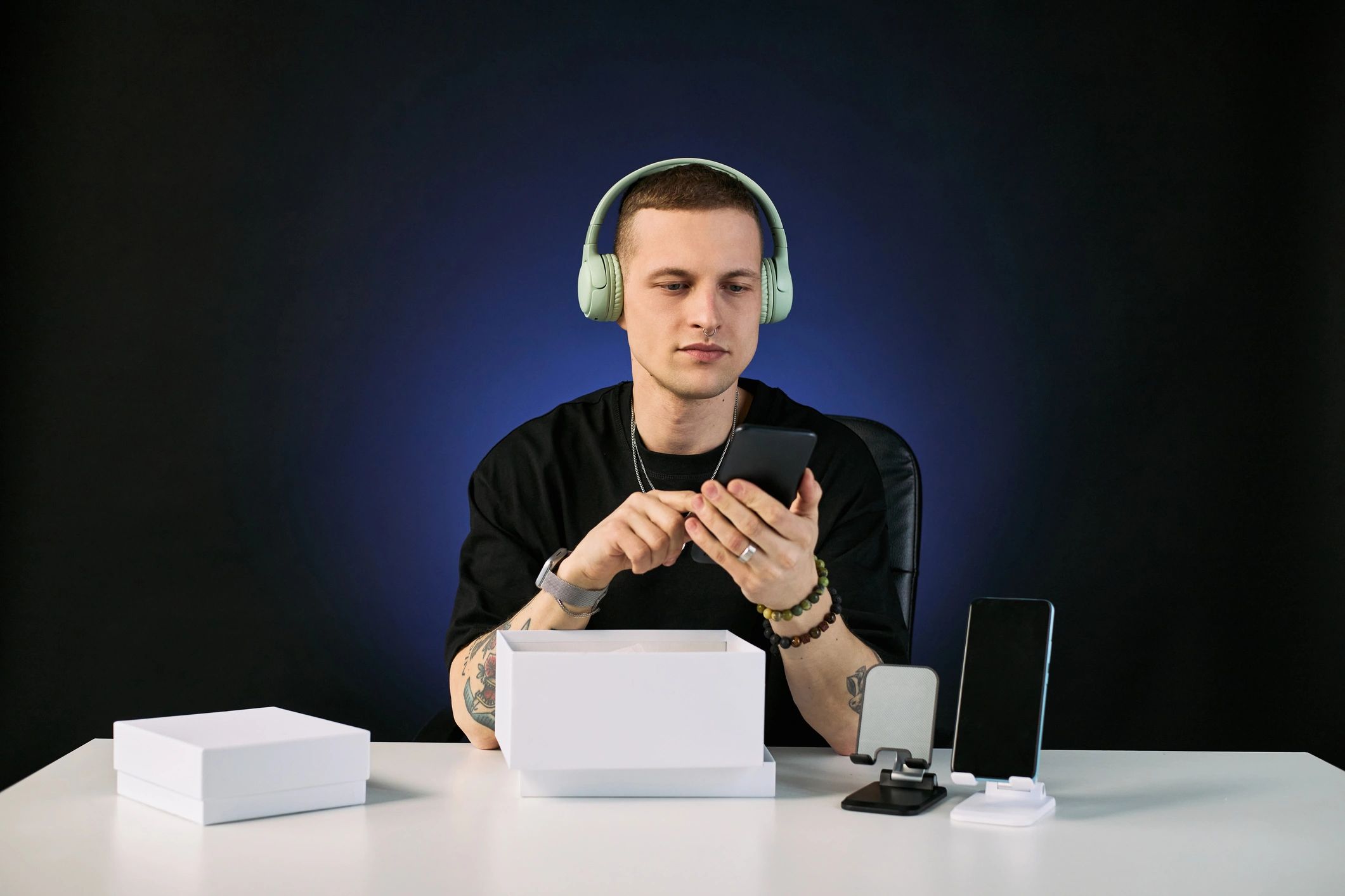 Digital creator reviewing tech product on camera
